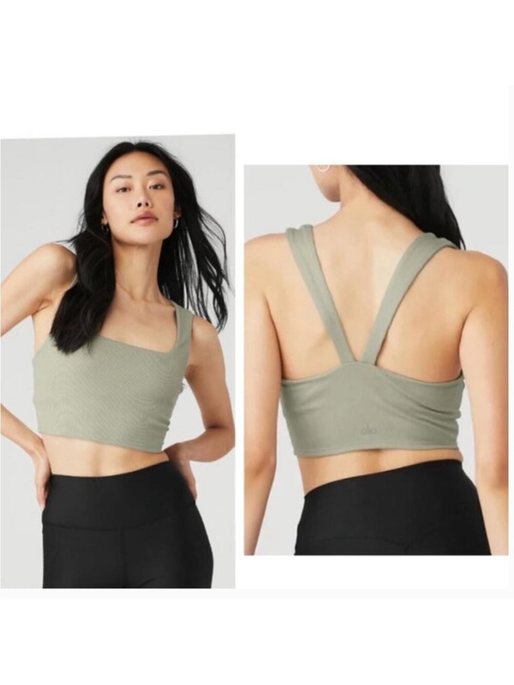 100% Authentic ALO Yoga Alosoft XS Chic Ribbed Bra Tank in Limestone/Sage Green